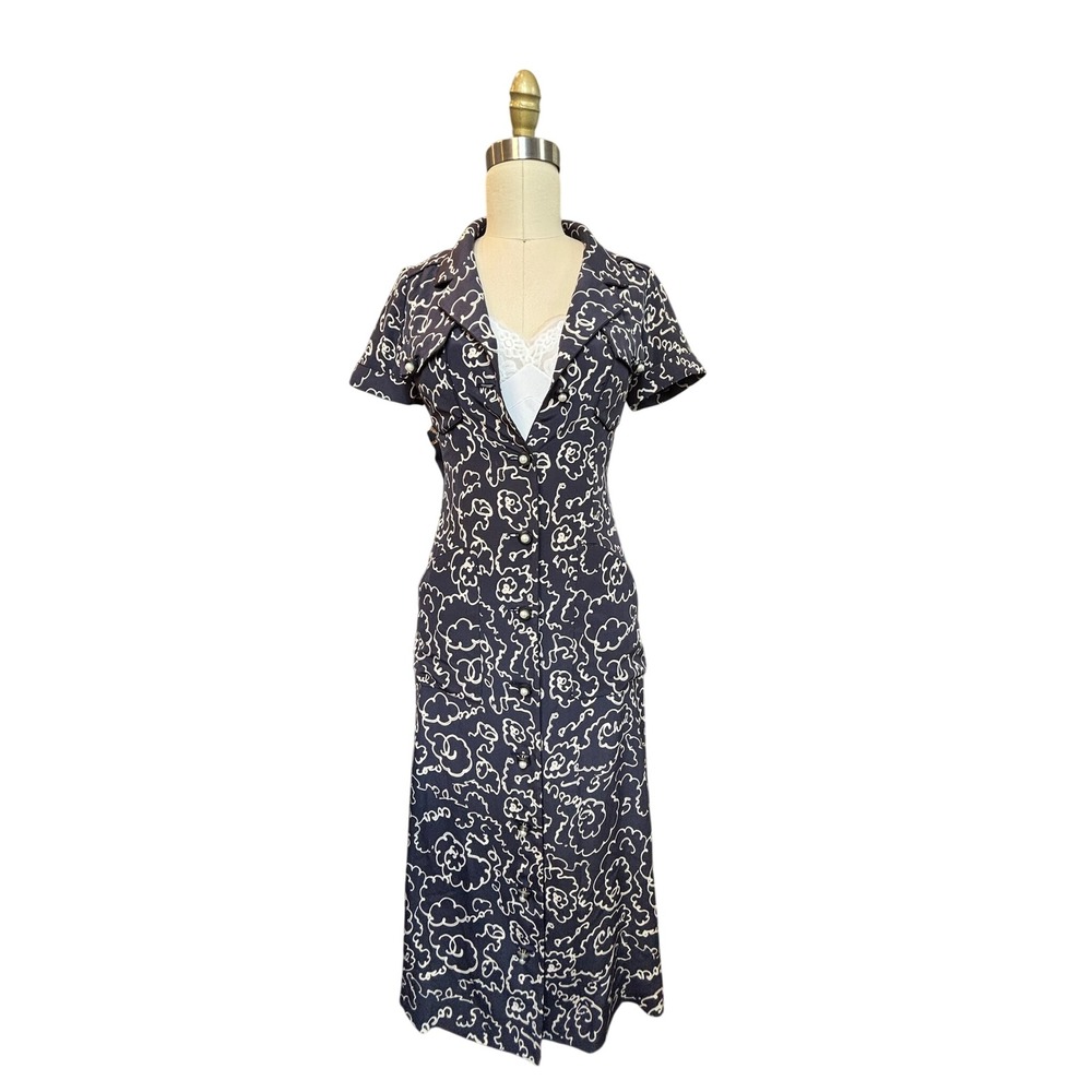 Doodle Logo Camellia Pearl Button Chanel Midi Dress Navy White Vintage